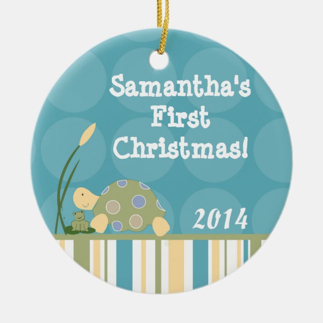 Sunny Turtle Pond Lake Personalized Name Ornament (Front)