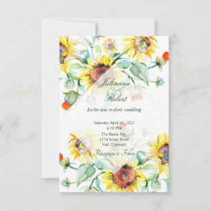 Sunny watercolor sunflowers wedding invitation