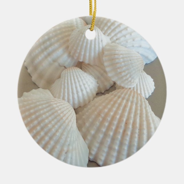 Sunny White Seashells, Summer Beach Exotic Ceramic Ornament (Front)