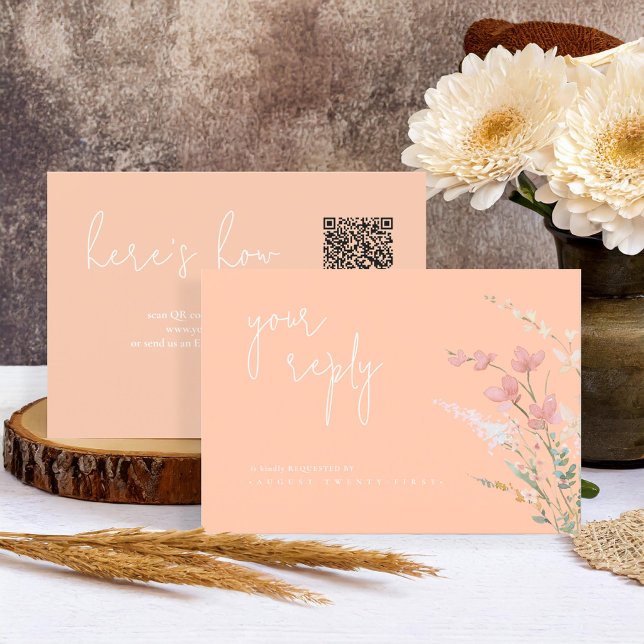 Sunny Wildflower Wedding QR Code Apricot ID1023 RSVP Card (Creator Uploaded)