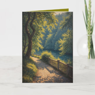 Sunny woodland pathway through the trees card