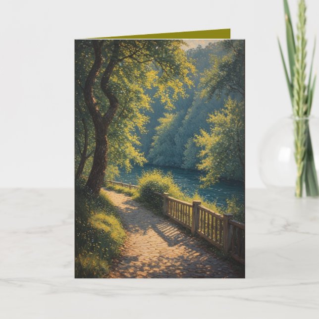 Sunny woodland pathway through the trees card (Front)