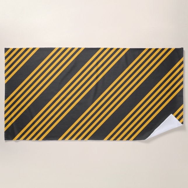 Sunny yellow and charcoal five stripe pattern beach towel (Front)