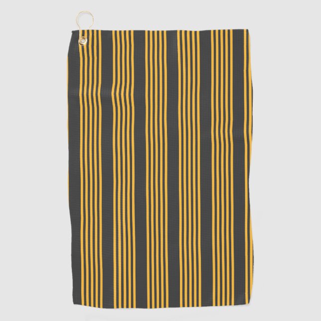 Sunny yellow and charcoal five stripe pattern golf towel (Front)