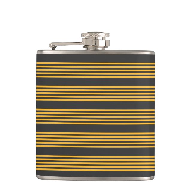 Sunny yellow and charcoal five stripe pattern hip flask (Front)