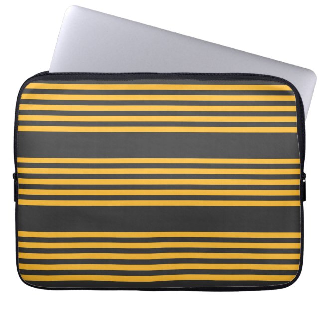 Sunny yellow and charcoal five stripe pattern laptop sleeve (Front)