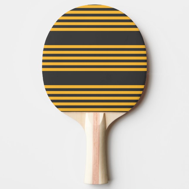Sunny yellow and charcoal five stripe pattern ping pong paddle (Front)