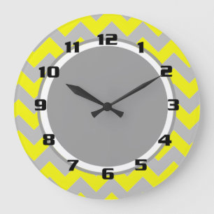 Sunny Yellow and Grey Chevron Pattern Large Clock