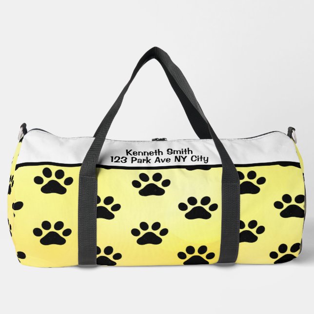 Sunny Yellow Black Paw Print monogram personalize Duffle Bag (Front)