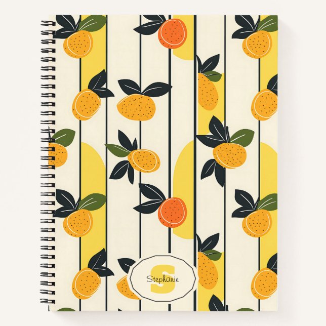 Sunny Yellow Citrus Fruit Print with Green Leaves Notebook (Front)