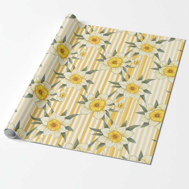 Sunny Yellow Daffodil Floral Stripe Pattern Wrapping Paper (Unrolled)