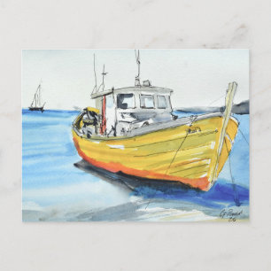 Sunny Yellow Fishing Boat Postcard