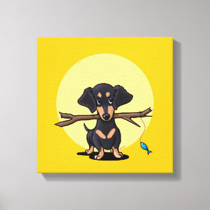 Sunny Yellow Fishing Doxie Dog Canvas Print