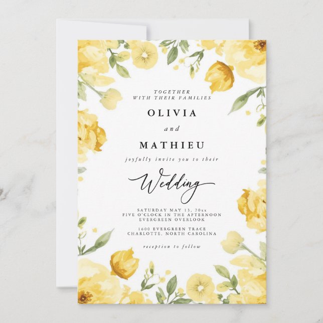 Sunny Yellow Floral Border Wedding Invitation (Front)