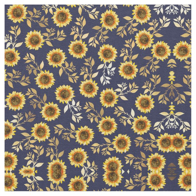Sunny Yellow Gold Navy Sunflowers Leaves Pattern Fabric (Close Up)