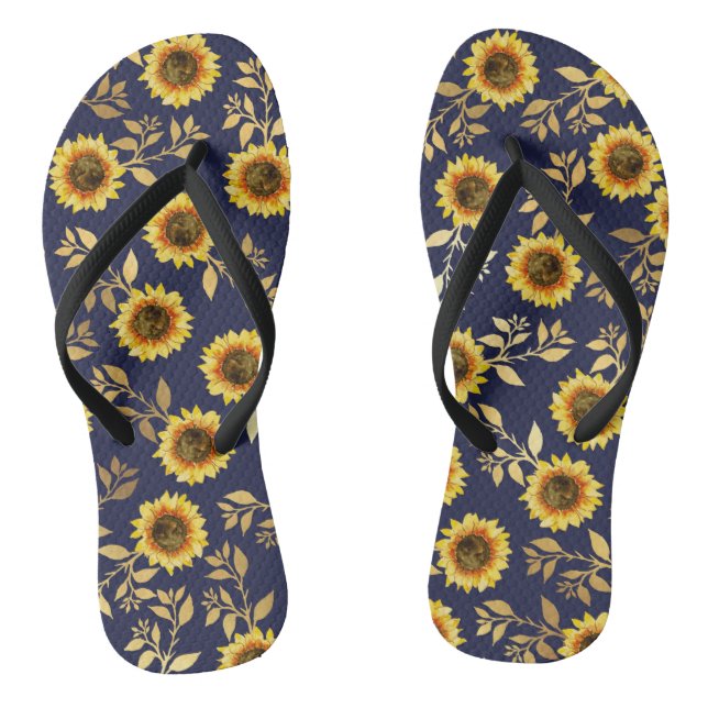 Sunny Yellow Gold Navy Sunflowers Leaves Pattern Flip Flops (Footbed)