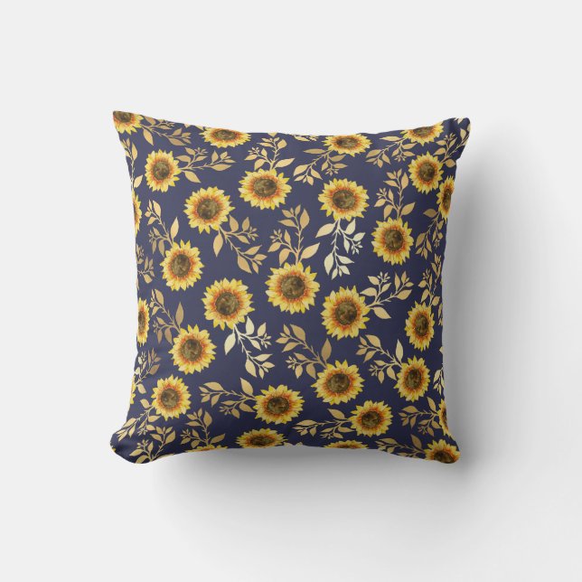 Sunny Yellow Gold Navy Sunflowers Leaves Pattern Outdoor Pillow (Front)