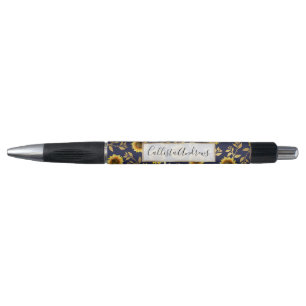 Sunny Yellow Gold Navy Sunflowers Leaves Pattern Pen
