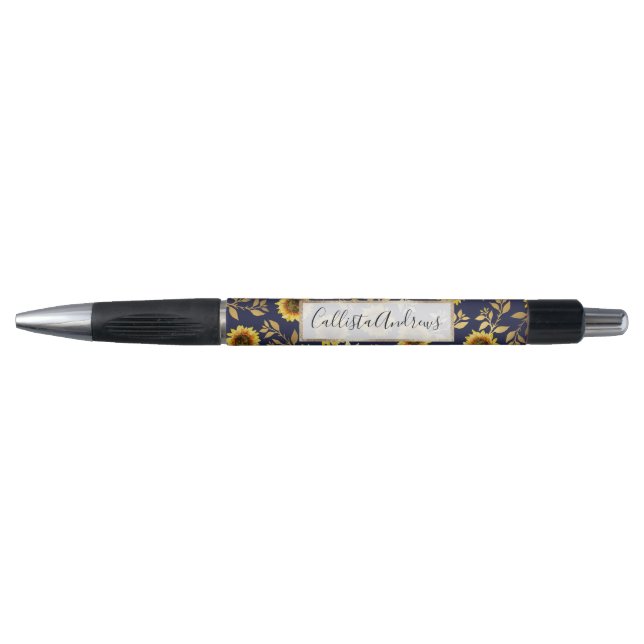 Sunny Yellow Gold Navy Sunflowers Leaves Pattern Pen (Front)