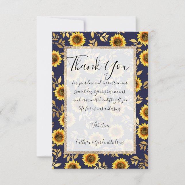 Sunny Yellow Gold Navy Sunflowers Leaves Pattern Thank You Card (Front)