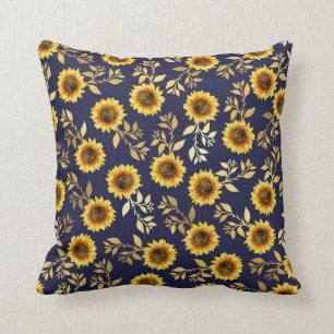 Sunny Yellow Gold Navy Sunflowers Leaves Pattern Throw Pillow