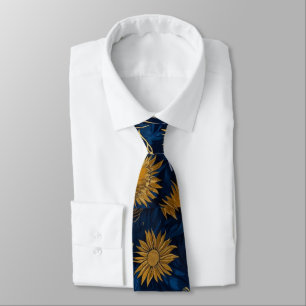Sunny Yellow Gold Navy Sunflowers Leaves Pattern Tie