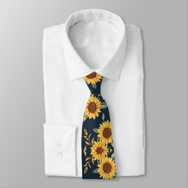 Sunny Yellow Gold Navy Sunflowers Leaves Pattern Tie (Tied)