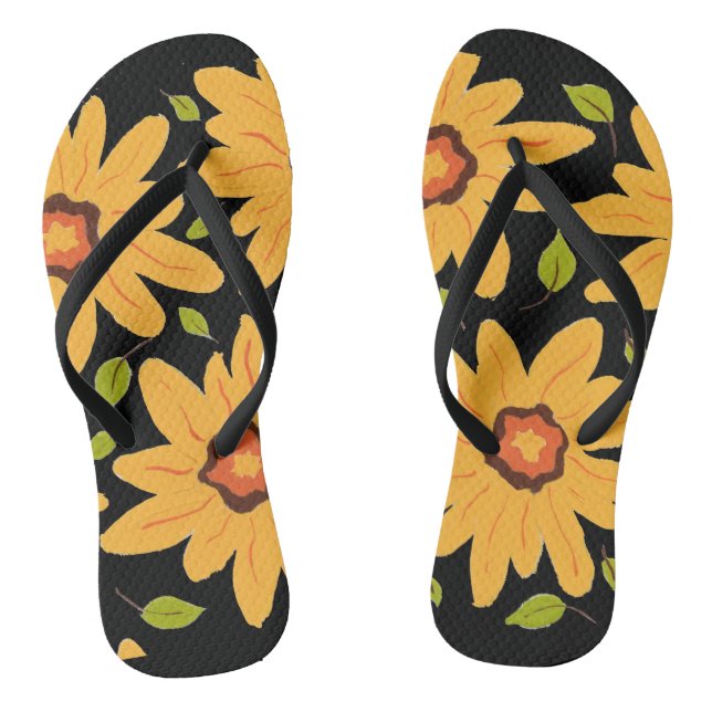 Sunny Yellow Hand-Painted Daisy Flower on Black Flip Flops (Footbed)
