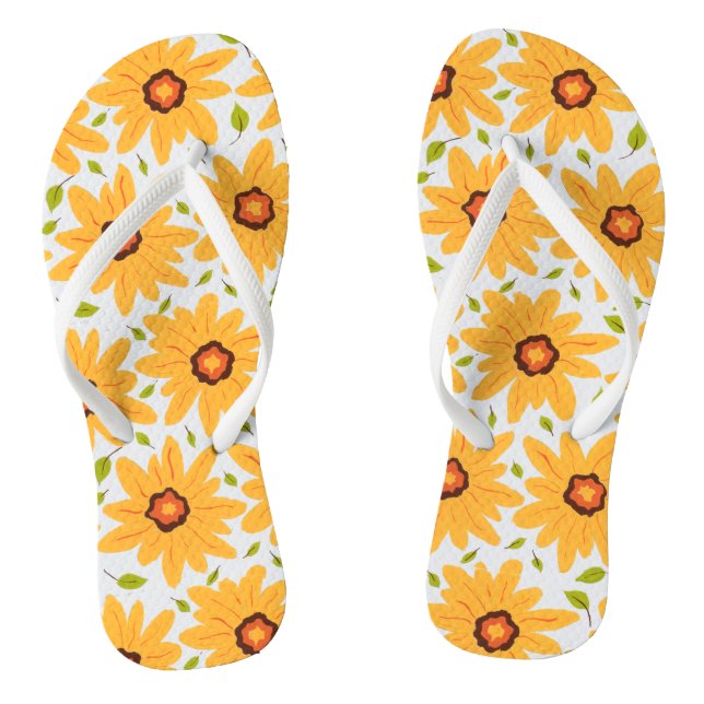 Sunny Yellow Hand-Painted Daisy Flower on White Flip Flops (Footbed)