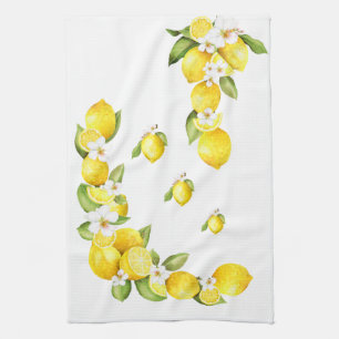 Sunny Yellow Lemons with White Blossoms Kitchen Towel