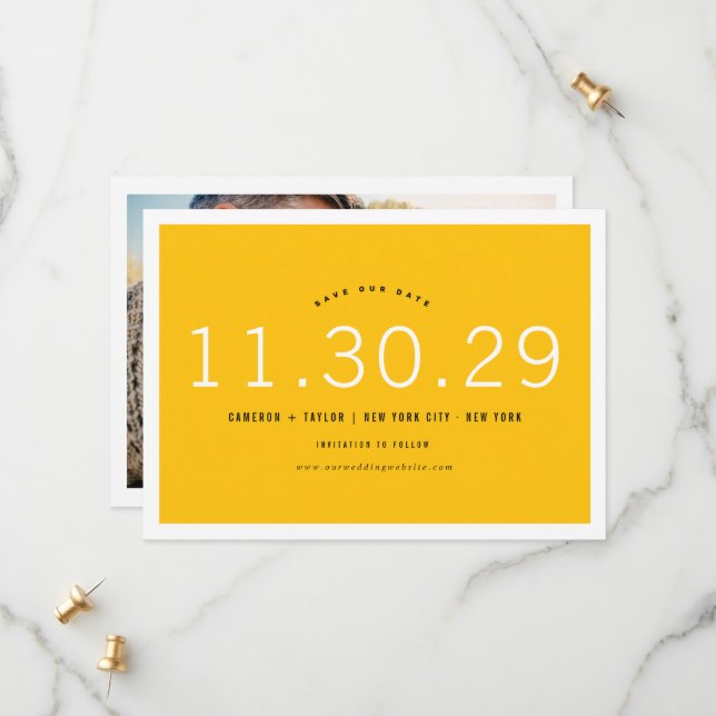 Sunny Yellow Modern Minimalist Bold Numbers Photo Save The Date (Front/Back In Situ)