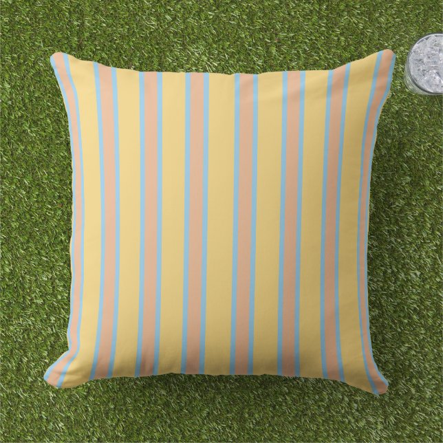 Sunny Yellow, Orange & Light Blue Striped  Outdoor Pillow (Grass)
