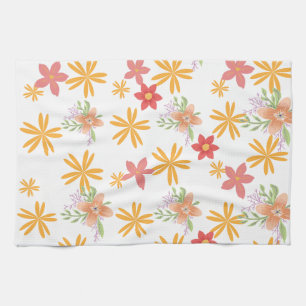 Sunny Yellow & Pink Daisy Floral Pattern Kitchen Towel