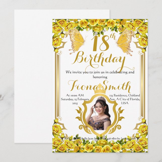 Sunny Yellow Roses Floral Birthday Invitation Card (Front/Back)