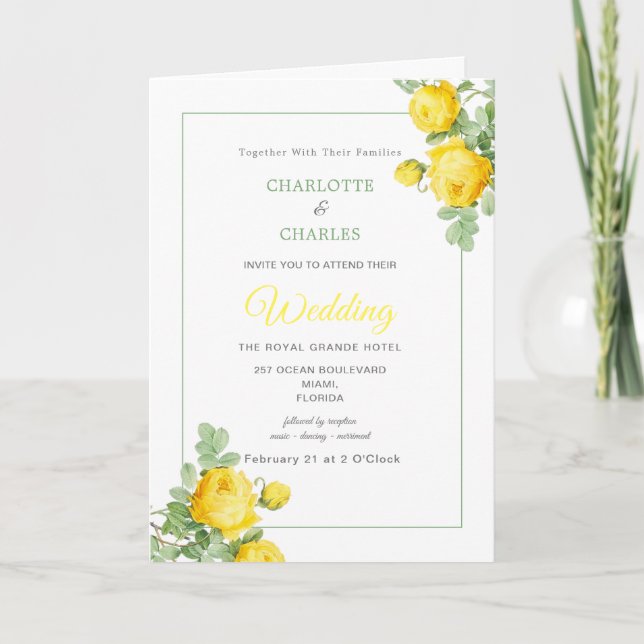 Sunny Yellow Roses Floral Elegant Wedding Invitation (Front)