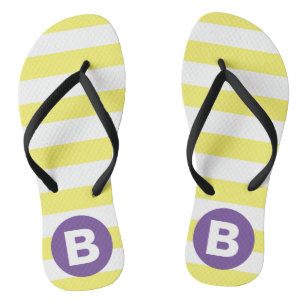 Sunny Yellow Striped Purple Monogram Flip Flops