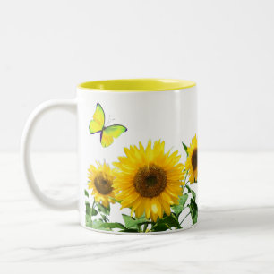 Sunny Yellow Sunflowers and Butterfly Two-Tone Coffee Mug