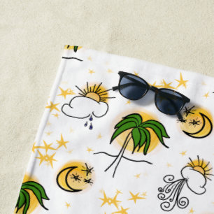 Sunny Yellow Suns, Stars, and Moon with Green Palm Beach Towel