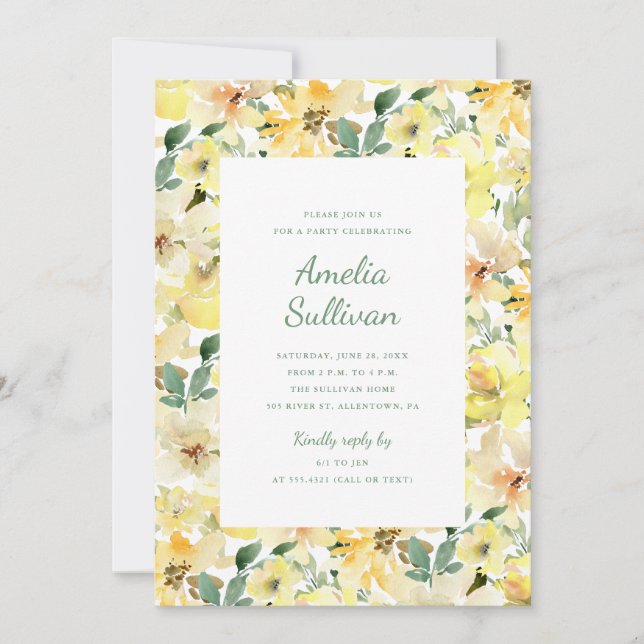 Sunny Yellow Watercolor Floral Party Invitation (Front)
