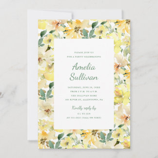 Sunny Yellow Watercolor Floral Party Invitation