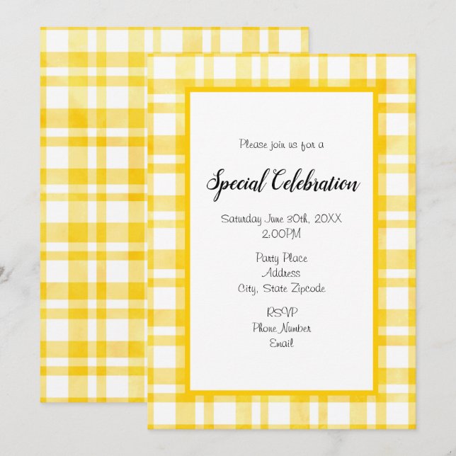 'Sunny Yellow Watercolor Plaid' Any Occasion Invitation (Front/Back)