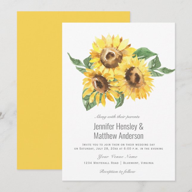 Sunny Yellow Watercolor Sunflowers Wedding | Invitation (Front/Back)