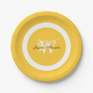 Sunny Yellow Wedding Chic Elegant White Monogram Paper Plate