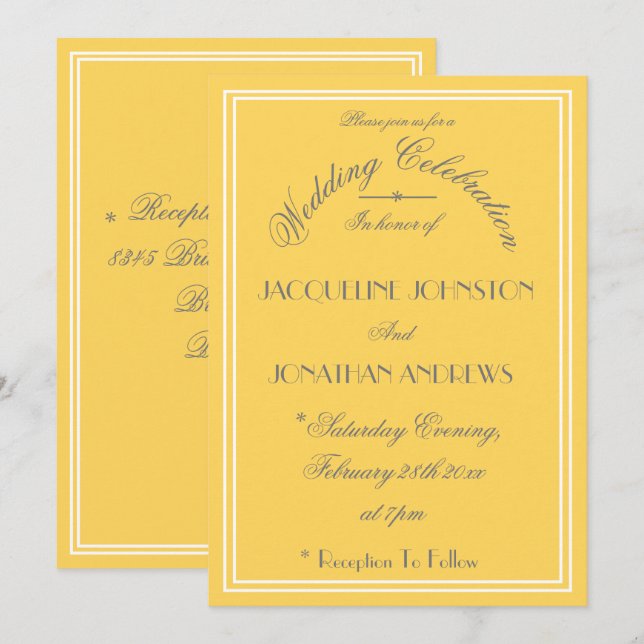 Sunny Yellow Wedding Elegant Grey Script Details Invitation (Front/Back)