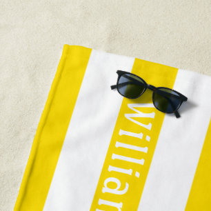 Sunny Yellow White   Cabana Stripes Personalized Beach Towel