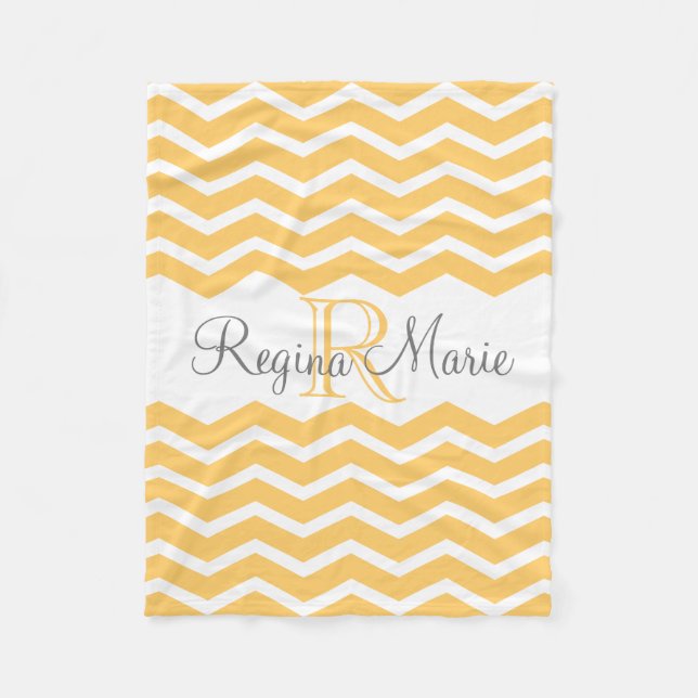 Sunny Yellow/ White Monogram Name Keepsake Chevron Fleece Blanket (Front)