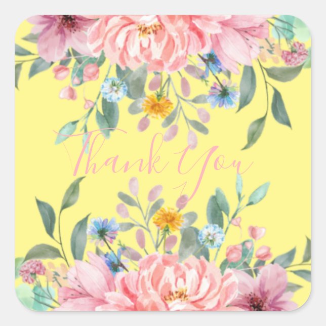 Sunny yellow with flowers square sticker (Front)