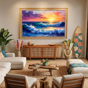 Sunrise at sea over waves painting canvas print