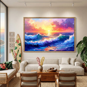 Sunrise at sea over waves painting canvas print