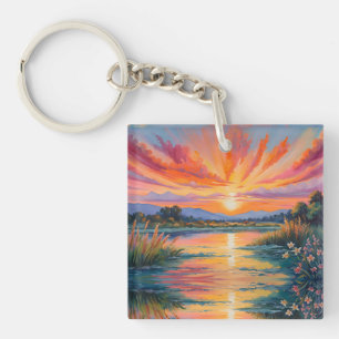 Sunrise at the pond watercolor keychain